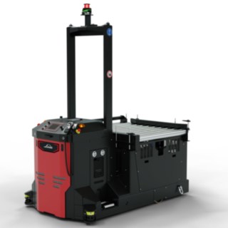Equipamento de transporte sem operador I-MATIC CT core da Linde MH para a recolha e transporte de mercadorias a partir de um sistema de transporte.