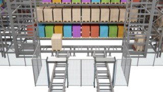 As correias transportadoras do S-MATIC cube transportam as mercadorias a armazenar para os elevadores. As mercadorias a armazenar são colocadas em correias transportadoras.